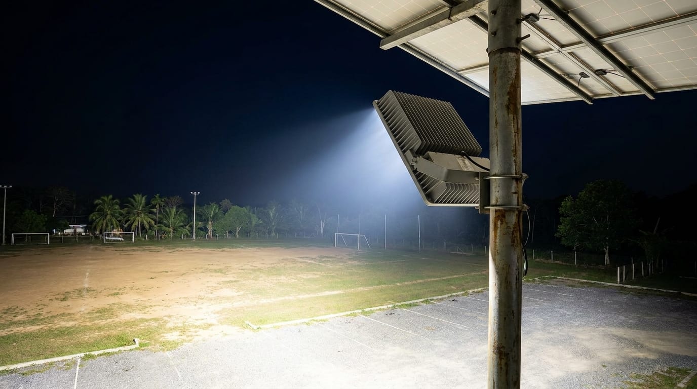 ไฟโซล่าเซลล์สปอร์ตไลท์กำลัง 1000W ติดบนเสาสูงในลานจอดรถและไซต์ก่อสร้าง