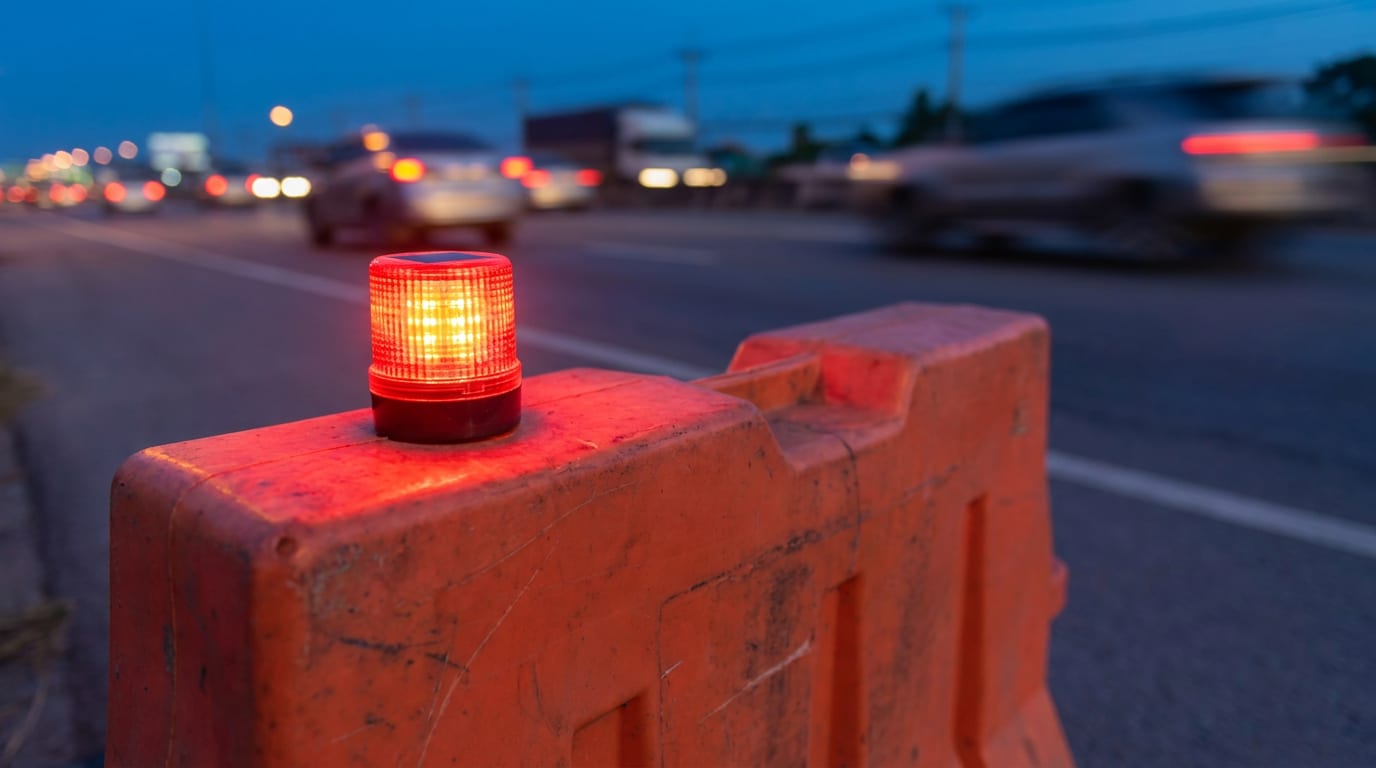ไฟกระพริบโซล่าเซลล์ LED สีแดงและส้มสำหรับเตือนทางก่อสร้างและทางโค้งในประเทศไทย