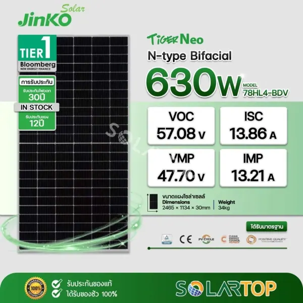 Jinko 630W N-Type Bifacial — ประกันแผงเสียหายระหว่างจัดส่ง (จัดส่งฟรี)