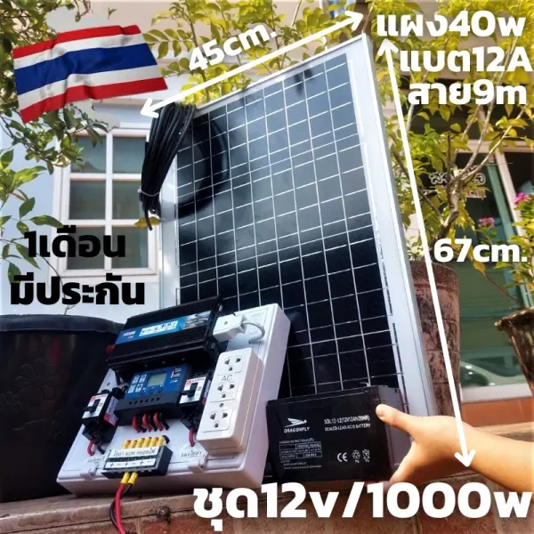 ชุดนอนนา 12V 1000W — แผง 40W + แบต 12A + สายยาว 9 ม.