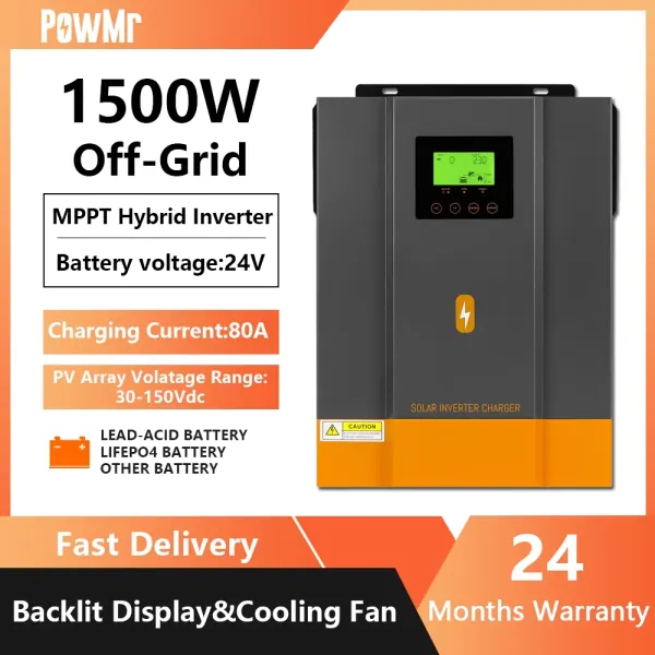 PowMr 1.5KW 24V ไฮบริดอินเวอร์เตอร์ MPPT 80A 50/60Hz Pure Sine Wave